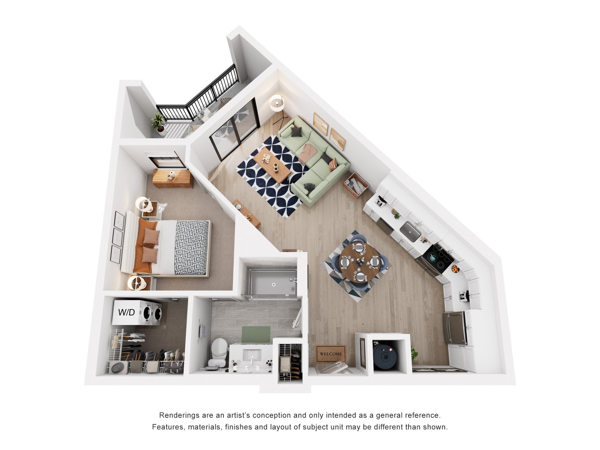 Floor plan for 1 bed, 1 bath, 649 sqft
